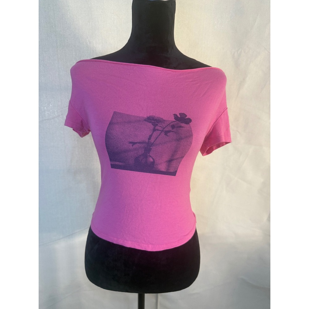 Kimchi Blue Pink Floral Graphic Boat Neck Short Sleeve Tee Top Womens